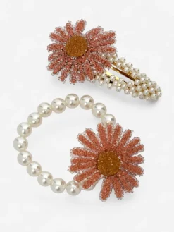 Royalfashion Zestaw spinki i gumki z kwiatem Flora Perla