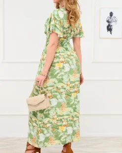 Royalfashion Zielona damska długa sukienka z modnym wzorem