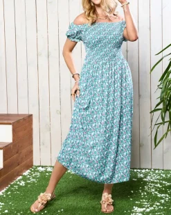 Royalfashion Zielona damska sukienka midi z kwiecistym wzorem