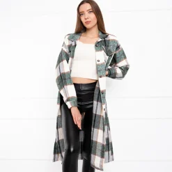 Royalfashion Zielona długa koszula damska w kratę