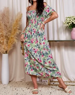 Royalfashion Zielona sukienka damska midi w kwiaty