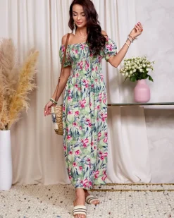 Royalfashion Zielona sukienka damska midi w kwiaty