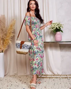 Royalfashion Zielona sukienka damska midi w kwiaty