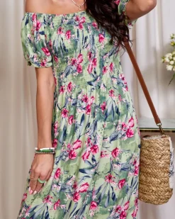 Royalfashion Zielona sukienka damska midi w kwiaty