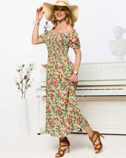 Royalfashion Zielona sukienka damska midi we wzór w kwiaty