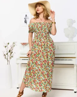 Royalfashion Zielona sukienka damska midi we wzór w kwiaty