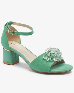 Royalfashion Zielone sandały damskie na słupku z ozdobnymi kryształkami Cerosso