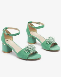 Royalfashion Zielone sandały damskie na słupku z ozdobnymi kryształkami Cerosso