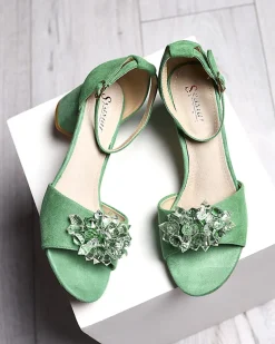 Royalfashion Zielone sandały damskie na słupku z ozdobnymi kryształkami Cerosso