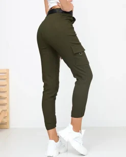 Royalfashion Zielone spodnie cargo ocieplane z kieszeniami