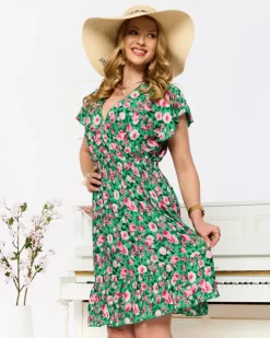 Royalfashion Zielono- różowa krótka damska sukienka z printem