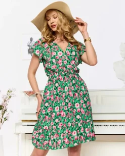 Royalfashion Zielono- różowa krótka damska sukienka z printem