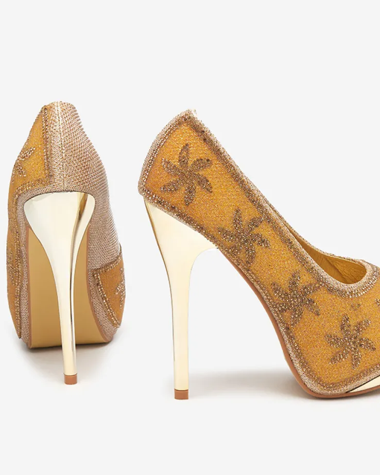 Royalfashion Złote brokatowe damskie szpilki z cyrkoniami Yilla