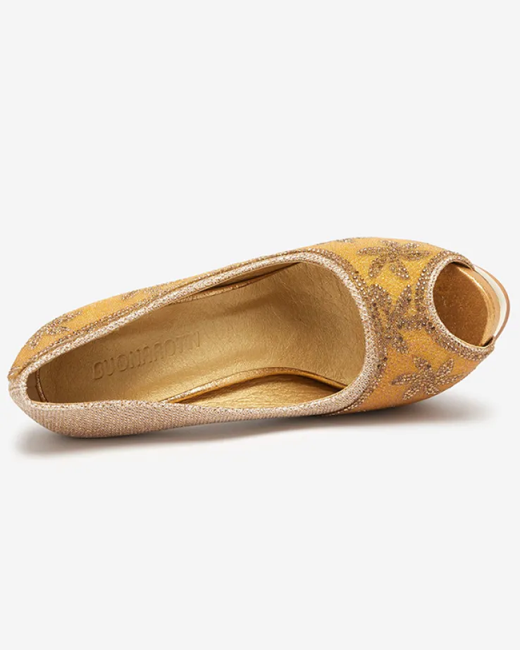 Royalfashion Złote brokatowe damskie szpilki z cyrkoniami Yilla