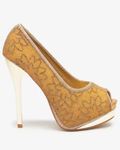 Royalfashion Złote damskie brokatowe czółenka z cyrkoniami Vida