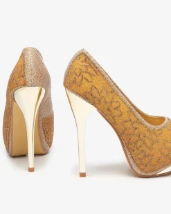 Royalfashion Złote damskie brokatowe czółenka z cyrkoniami Vida