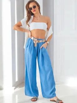 Royalfashion Zwiewne szerokie spodnie damskie z paskiem