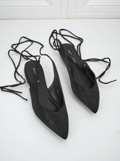 Sandały Damiane Nero - Czarne baleriny wiązane z tkaniny, płaski obcas