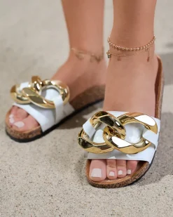 Sandały damskie Athenis Bianco Royalfashion – skóra ekologiczna, złoty łańcuch