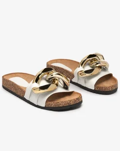 Sandały damskie Athenis Bianco Royalfashion – skóra ekologiczna, złoty łańcuch