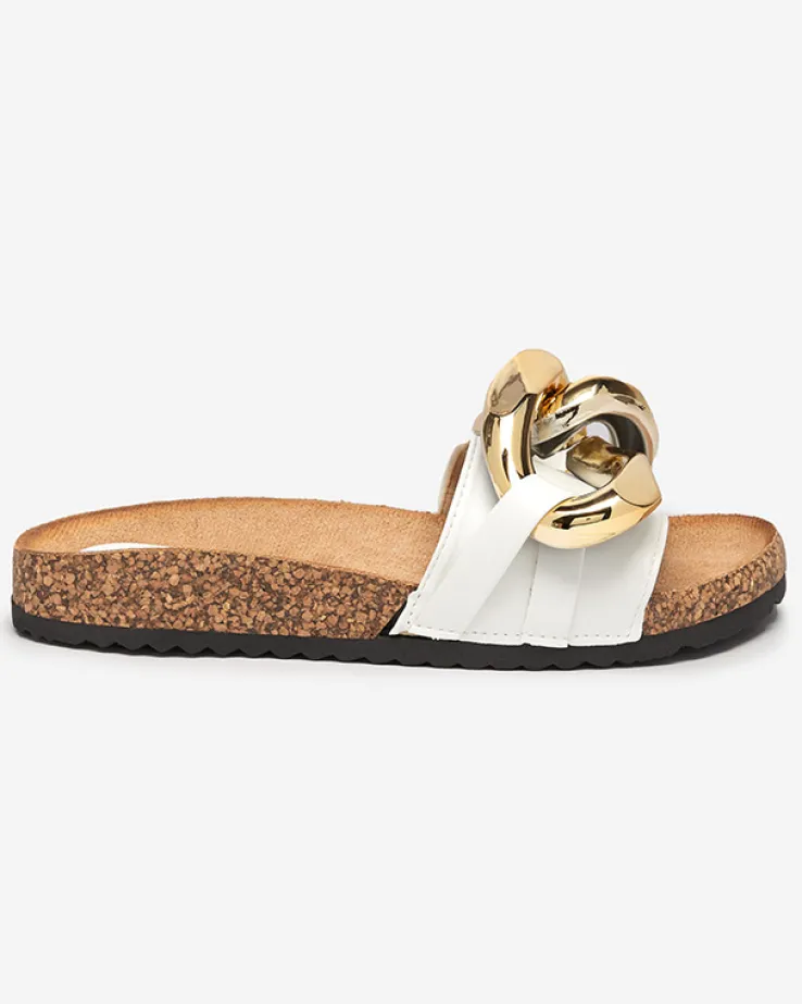 Sandały damskie Athenis Bianco Royalfashion – skóra ekologiczna, złoty łańcuch