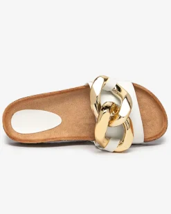 Sandały damskie Athenis Bianco Royalfashion – skóra ekologiczna, złoty łańcuch