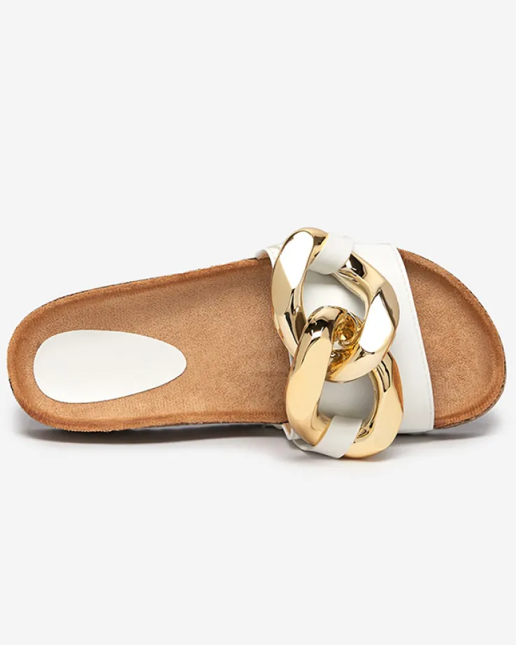 Sandały damskie Athenis Bianco Royalfashion – skóra ekologiczna, złoty łańcuch