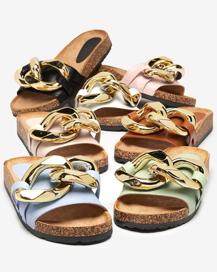 Sandały damskie Athenis Bianco Royalfashion – skóra ekologiczna, złoty łańcuch