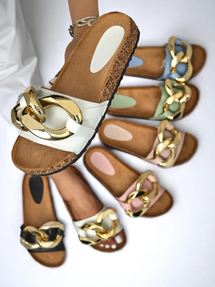 Sandały damskie Athenis Bianco Royalfashion – skóra ekologiczna, złoty łańcuch