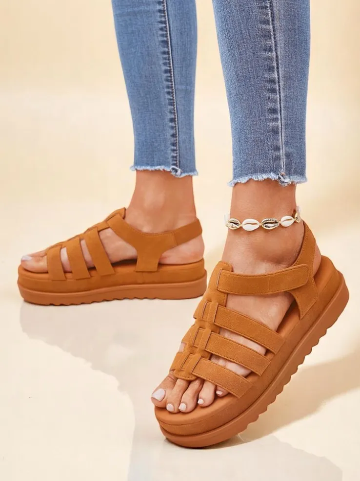 Sandały damskie Callista Camel na platformie Royalfashion skóra ekologiczna