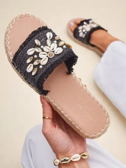 Sandały damskie Royalfashion Helena Decor czarne espadryle z muszelkami