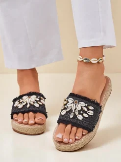 Sandały damskie Royalfashion Helena Decor czarne espadryle z muszelkami