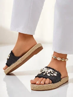 Sandały damskie Royalfashion Helena Decor czarne espadryle z muszelkami