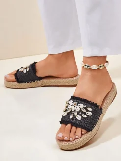 Sandały damskie Royalfashion Helena Decor czarne espadryle z muszelkami