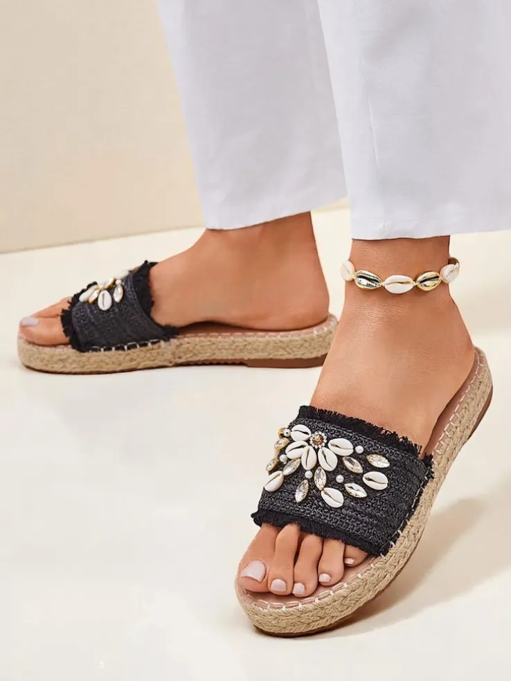 Sandały damskie Royalfashion Helena Decor czarne espadryle z muszelkami