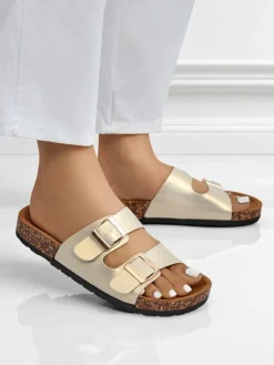 Sandały damskie Royalfashion Aurelia gold – płaskie klapki z eko skóry (rozmiar 39)