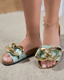 Sandały damskie Thalia Royalfashion zielone z łańcuchem na płaskiej podeszwie