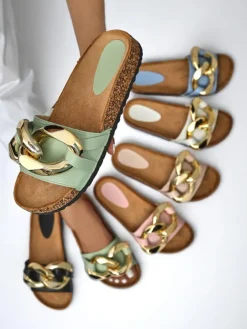 Sandały damskie Thalia Royalfashion zielone z łańcuchem na płaskiej podeszwie