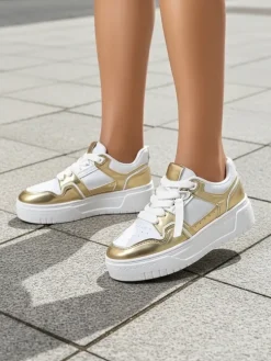 Sneakersy Damskie 'Aurelia' Złoto-Białe na Platformie 4cm - Styl i Komfort