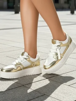 Sneakersy Damskie 'Aurelia' Złoto-Białe na Platformie 4cm - Styl i Komfort