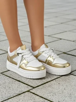 Sneakersy Damskie 'Aurelia' Złoto-Białe na Platformie 4cm - Styl i Komfort