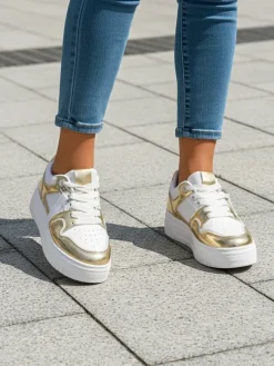 Sneakersy Damskie 'Aurelia' Złoto-Białe na Platformie 4cm - Styl i Komfort