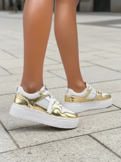 Sneakersy Damskie 'Aurelia' Złoto-Białe na Platformie 4cm - Styl i Komfort