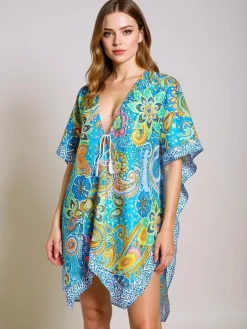 Sukienka Pareo Aurora Riviera – kolorowa tkanina Royalfashion, dekolt V