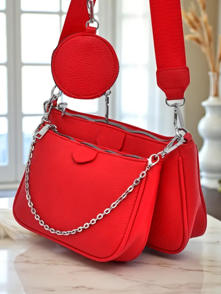 Torebka damska Arista Rosso z ekoskóry, łańcuszek, mini zestaw