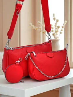 Torebka damska Arista Rosso z ekoskóry, łańcuszek, mini zestaw