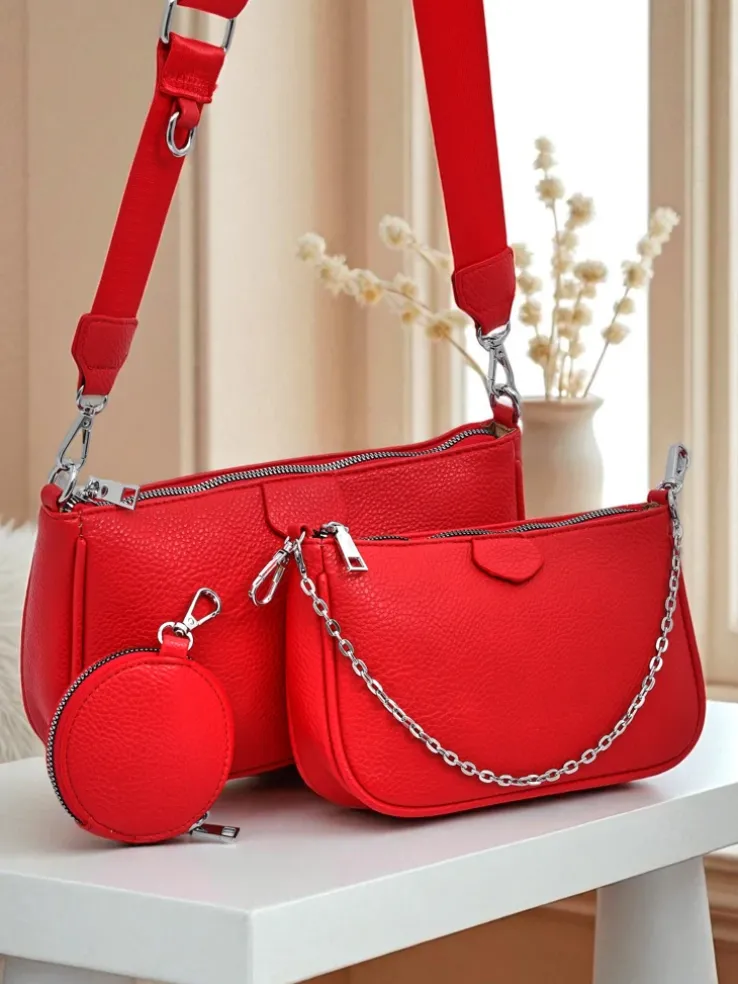 Torebka damska Arista Rosso z ekoskóry, łańcuszek, mini zestaw