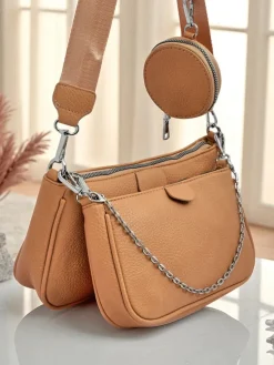 Torebka damska Aurora Multi z ekoskóry jasny brąz łańcuszek zip